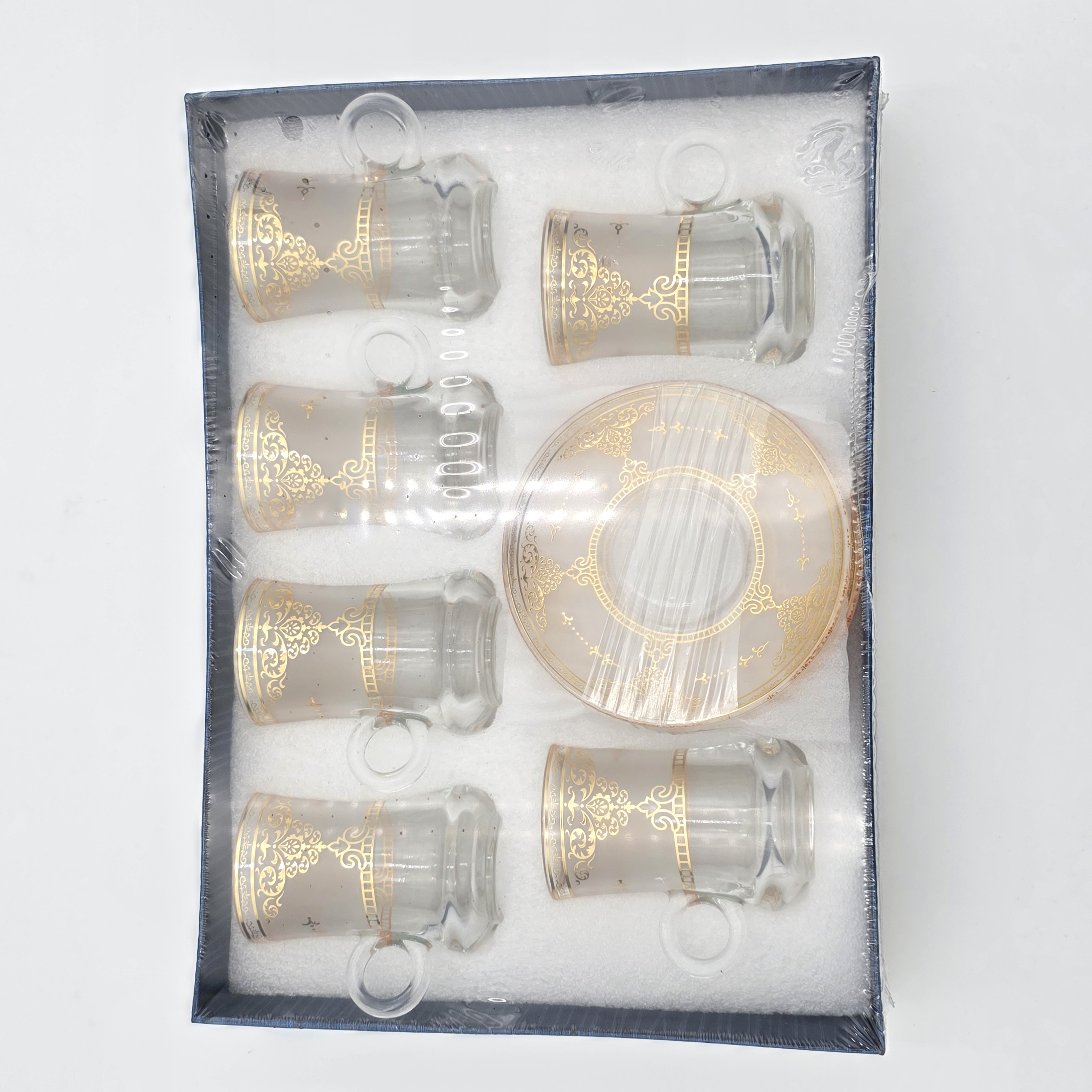 COFFEE CUPS SAUCER GLASS WITH GOLD DESIGN