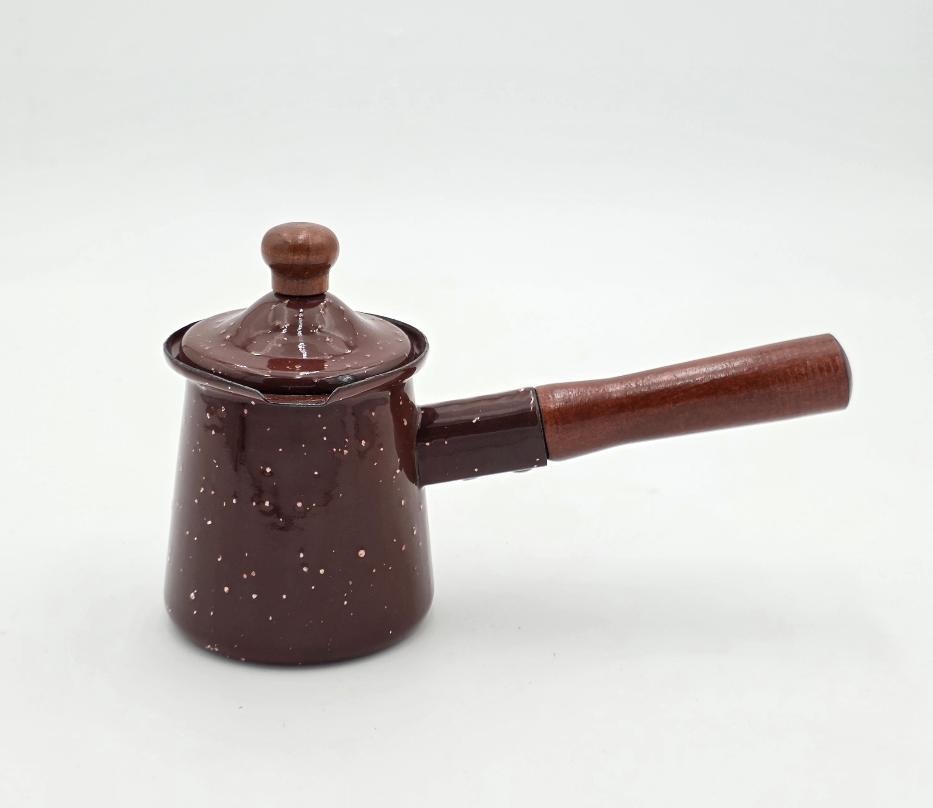 ENAMEL COFFEE WARMER WOODEN HANDLE