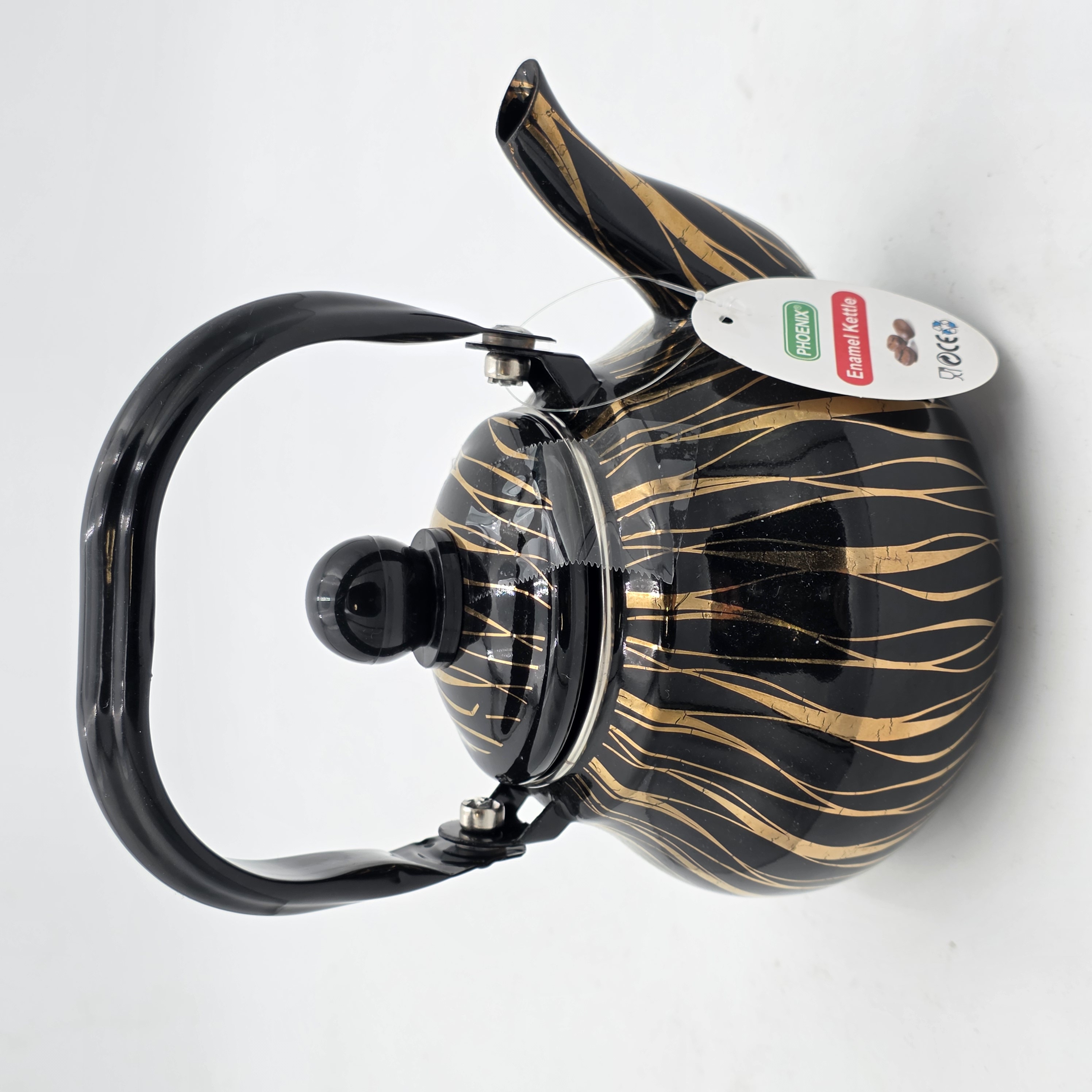 TEA KETTLE ENAMEL BLACK GOLD STRIP